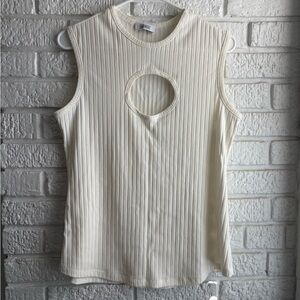 Sleeveless Ribbed Tank with Front Cutout - Cream
